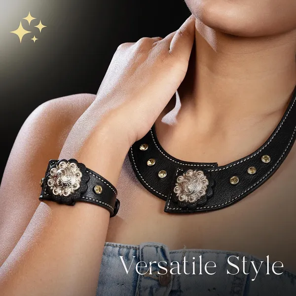 Softy_Crystal_Leather_Necklace_With_Bracelet_Set_Handcrafted_Statement_Jewelry_With_Floral_Concho_Motif_Secure_Snap_Button_Clasp_For_Women_And_Girls