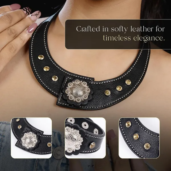 Softy_Crystal_Leather_Necklace_With_Bracelet_Set_Handcrafted_Statement_Jewelry_With_Floral_Concho_Motif_Secure_Snap_Button_Clasp_For_Women_And_Girls