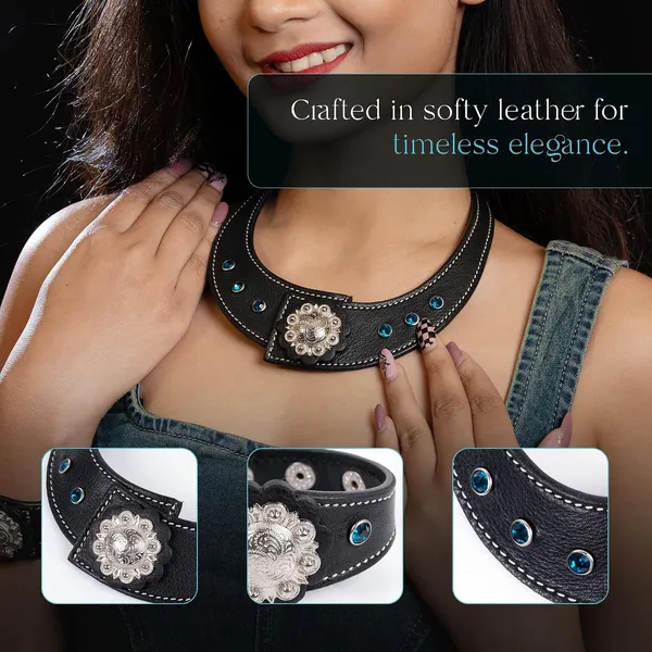 Softy_Crystal_Leather_Necklace_With_Bracelet_Set_Handcrafted_Statement_Jewelry_With_Floral_Concho_Motif_Secure_Snap_Button_Clasp_For_Women_And_Girls