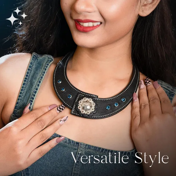 Softy_Crystal_Leather_Necklace_With_Bracelet_Set_Handcrafted_Statement_Jewelry_With_Floral_Concho_Motif_Secure_Snap_Button_Clasp_For_Women_And_Girls