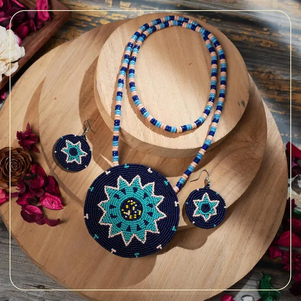 Handmade_Beaded_Medallion_Necklace_With_Matching_Earrings_Huichol_Neckpiece_Native_American_Jewellery_For_Women_Girls