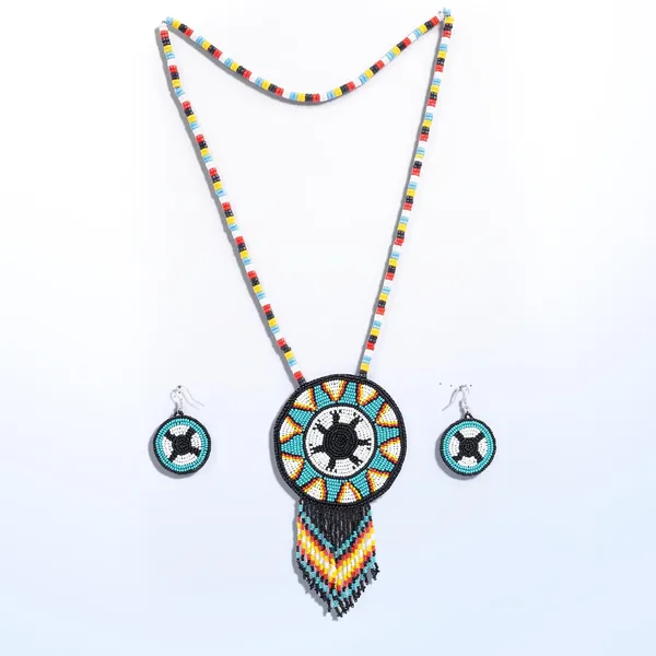 Handmade_Beaded_Medallion_Necklace_With_Matching_Earrings_Huichol_Neckpiece_Native_American_Jewellery_For_Women_Girls