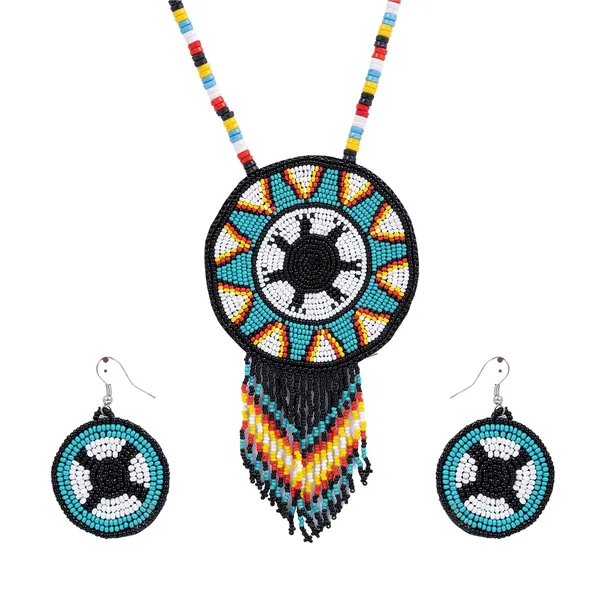 Handmade_Beaded_Medallion_Necklace_With_Matching_Earrings_Huichol_Neckpiece_Native_American_Jewellery_For_Women_Girls