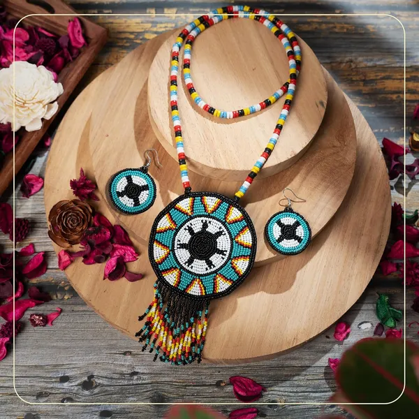 Handmade_Beaded_Medallion_Necklace_With_Matching_Earrings_Huichol_Neckpiece_Native_American_Jewellery_For_Women_Girls