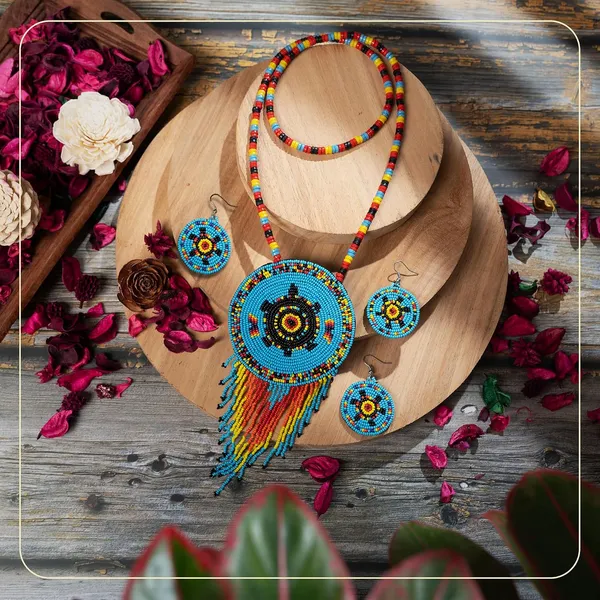 Handmade_Beaded_Medallion_Necklace_With_Matching_Earrings_Huichol_Neckpiece_Native_American_Jewellery_For_Women_Girls