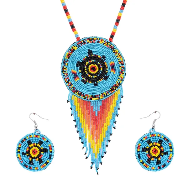 Handmade_Beaded_Medallion_Necklace_With_Matching_Earrings_Huichol_Neckpiece_Native_American_Jewellery_For_Women_Girls