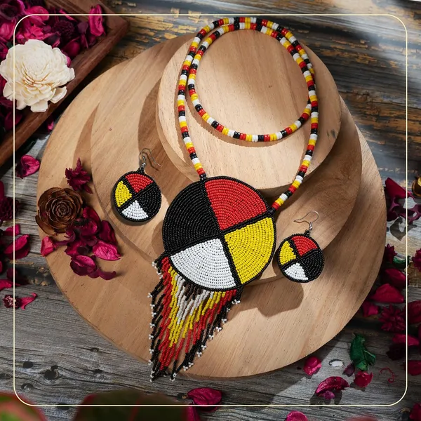 Handmade_Beaded_Medallion_Necklace_With_Matching_Earrings_Huichol_Neckpiece_Native_American_Jewellery_For_Women_Girls