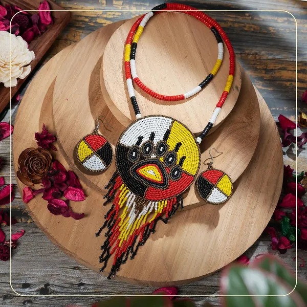 Handmade_Beaded_Medallion_Necklace_With_Matching_Earrings_Huichol_Neckpiece_Native_American_Jewellery_For_Women_Girls