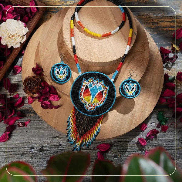 Handmade_Beaded_Medallion_Necklace_With_Matching_Earrings_Huichol_Neckpiece_Native_American_Jewellery_For_Women_Girls