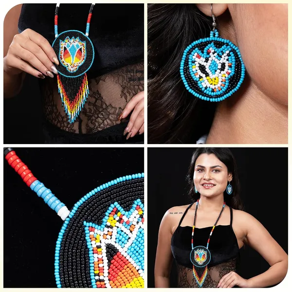 Handmade_Beaded_Medallion_Necklace_With_Matching_Earrings_Huichol_Neckpiece_Native_American_Jewellery_For_Women_Girls