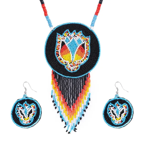 Handmade_Beaded_Medallion_Necklace_With_Matching_Earrings_Huichol_Neckpiece_Native_American_Jewellery_For_Women_Girls