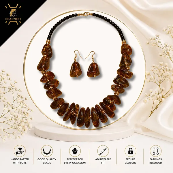 Graduated_Nugget_Tumble_Bead_Necklace_Earrings_Set_For_Women_Boho_Tribal_Afghani_Style_Acrylic_Stone_Look_Statement_Jewellery_Amber_Black_Gold_Navratri_Diwali_Party_Gift