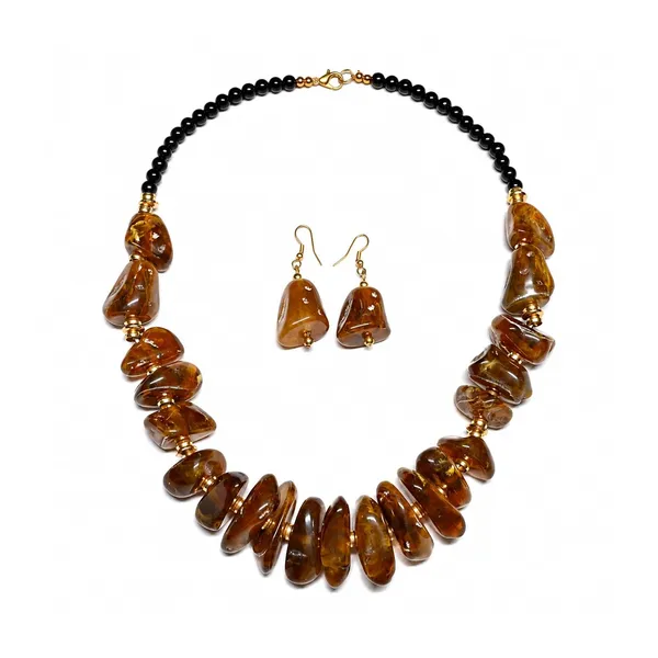 Graduated_Nugget_Tumble_Bead_Necklace_Earrings_Set_For_Women_Boho_Tribal_Afghani_Style_Acrylic_Stone_Look_Statement_Jewellery_Amber_Black_Gold_Navratri_Diwali_Party_Gift