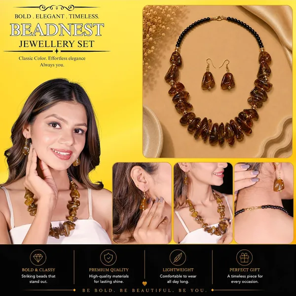 Graduated_Nugget_Tumble_Bead_Necklace_Earrings_Set_For_Women_Boho_Tribal_Afghani_Style_Acrylic_Stone_Look_Statement_Jewellery_Amber_Black_Gold_Navratri_Diwali_Party_Gift