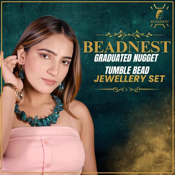 Graduated_Nugget_Tumble_Bead_Necklace_Earrings_Set_For_Women_Boho_Tribal_Afghani_Style_Acrylic_Stone_Look_Statement_Jewellery_Amber_Black_Gold_Navratri_Diwali_Party_Gift