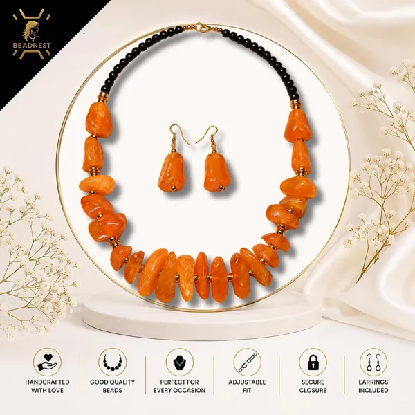 Graduated_Nugget_Tumble_Bead_Necklace_Earrings_Set_For_Women_Boho_Tribal_Afghani_Style_Acrylic_Stone_Look_Statement_Jewellery_Amber_Black_Gold_Navratri_Diwali_Party_Gift