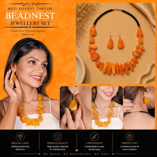 Graduated_Nugget_Tumble_Bead_Necklace_Earrings_Set_For_Women_Boho_Tribal_Afghani_Style_Acrylic_Stone_Look_Statement_Jewellery_Amber_Black_Gold_Navratri_Diwali_Party_Gift
