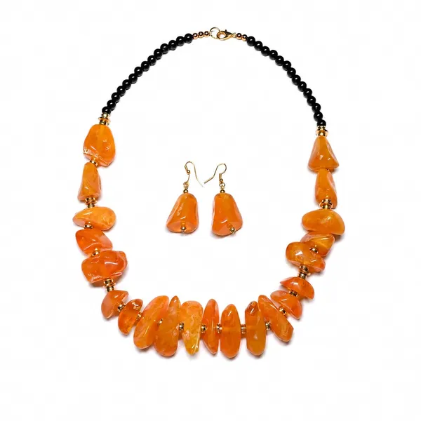 Graduated_Nugget_Tumble_Bead_Necklace_Earrings_Set_For_Women_Boho_Tribal_Afghani_Style_Acrylic_Stone_Look_Statement_Jewellery_Amber_Black_Gold_Navratri_Diwali_Party_Gift