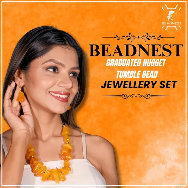 Graduated_Nugget_Tumble_Bead_Necklace_Earrings_Set_For_Women_Boho_Tribal_Afghani_Style_Acrylic_Stone_Look_Statement_Jewellery_Amber_Black_Gold_Navratri_Diwali_Party_Gift