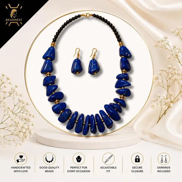 Graduated_Nugget_Tumble_Bead_Necklace_Earrings_Set_For_Women_Boho_Tribal_Afghani_Style_Acrylic_Stone_Look_Statement_Jewellery_Amber_Black_Gold_Navratri_Diwali_Party_Gift