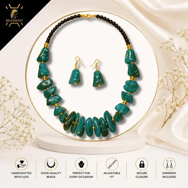Graduated_Nugget_Tumble_Bead_Necklace_Earrings_Set_For_Women_Boho_Tribal_Afghani_Style_Acrylic_Stone_Look_Statement_Jewellery_Amber_Black_Gold_Navratri_Diwali_Party_Gift