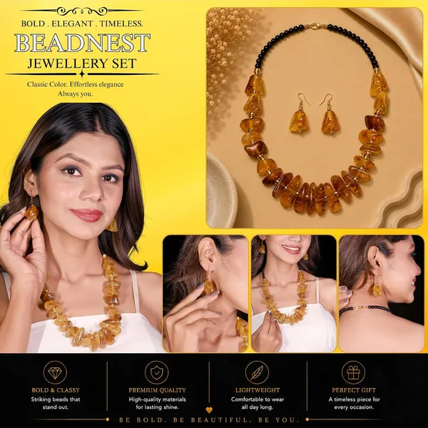 Graduated_Nugget_Tumble_Bead_Necklace_Earrings_Set_For_Women_Boho_Tribal_Afghani_Style_Acrylic_Stone_Look_Statement_Jewellery_Amber_Black_Gold_Navratri_Diwali_Party_Gift