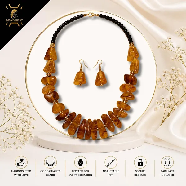 Graduated_Nugget_Tumble_Bead_Necklace_Earrings_Set_For_Women_Boho_Tribal_Afghani_Style_Acrylic_Stone_Look_Statement_Jewellery_Amber_Black_Gold_Navratri_Diwali_Party_Gift