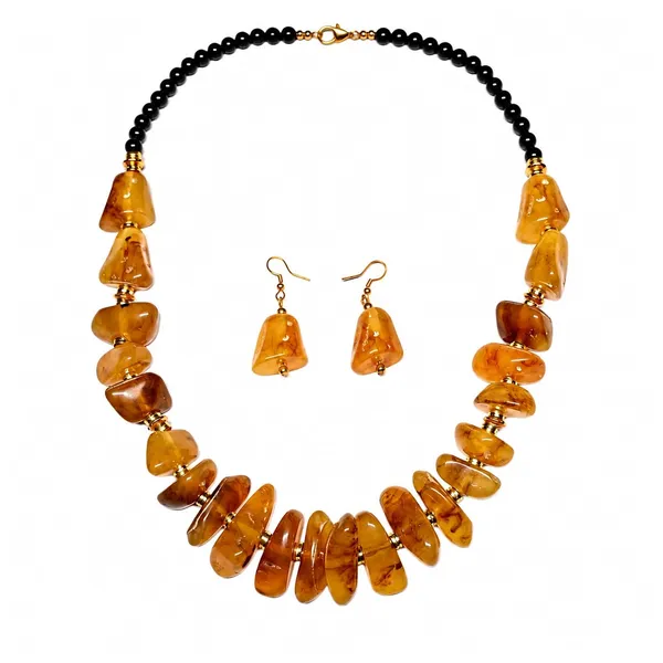 Graduated_Nugget_Tumble_Bead_Necklace_Earrings_Set_For_Women_Boho_Tribal_Afghani_Style_Acrylic_Stone_Look_Statement_Jewellery_Amber_Black_Gold_Navratri_Diwali_Party_Gift