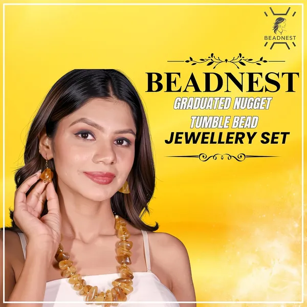Graduated_Nugget_Tumble_Bead_Necklace_Earrings_Set_For_Women_Boho_Tribal_Afghani_Style_Acrylic_Stone_Look_Statement_Jewellery_Amber_Black_Gold_Navratri_Diwali_Party_Gift