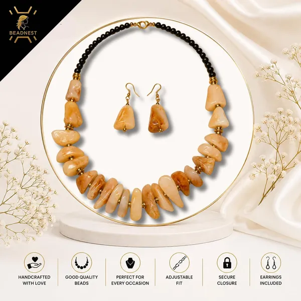 Graduated_Nugget_Tumble_Bead_Necklace_Earrings_Set_For_Women_Boho_Tribal_Afghani_Style_Acrylic_Stone_Look_Statement_Jewellery_Amber_Black_Gold_Navratri_Diwali_Party_Gift