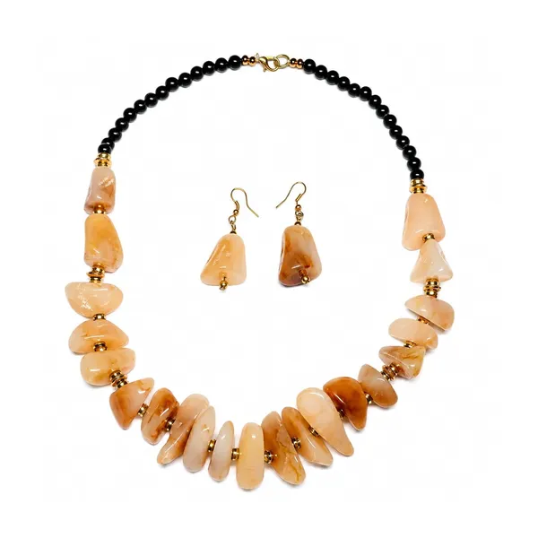 Graduated_Nugget_Tumble_Bead_Necklace_Earrings_Set_For_Women_Boho_Tribal_Afghani_Style_Acrylic_Stone_Look_Statement_Jewellery_Amber_Black_Gold_Navratri_Diwali_Party_Gift