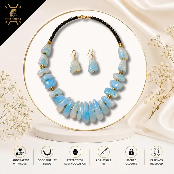 Graduated_Nugget_Tumble_Bead_Necklace_Earrings_Set_For_Women_Boho_Tribal_Afghani_Style_Acrylic_Stone_Look_Statement_Jewellery_Amber_Black_Gold_Navratri_Diwali_Party_Gift