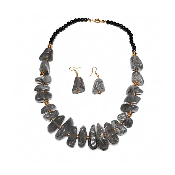 Graduated_Nugget_Tumble_Bead_Necklace_Earrings_Set_For_Women_Boho_Tribal_Afghani_Style_Acrylic_Stone_Look_Statement_Jewellery_Amber_Black_Gold_Navratri_Diwali_Party_Gift