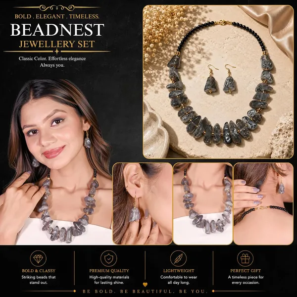 Graduated_Nugget_Tumble_Bead_Necklace_Earrings_Set_For_Women_Boho_Tribal_Afghani_Style_Acrylic_Stone_Look_Statement_Jewellery_Amber_Black_Gold_Navratri_Diwali_Party_Gift