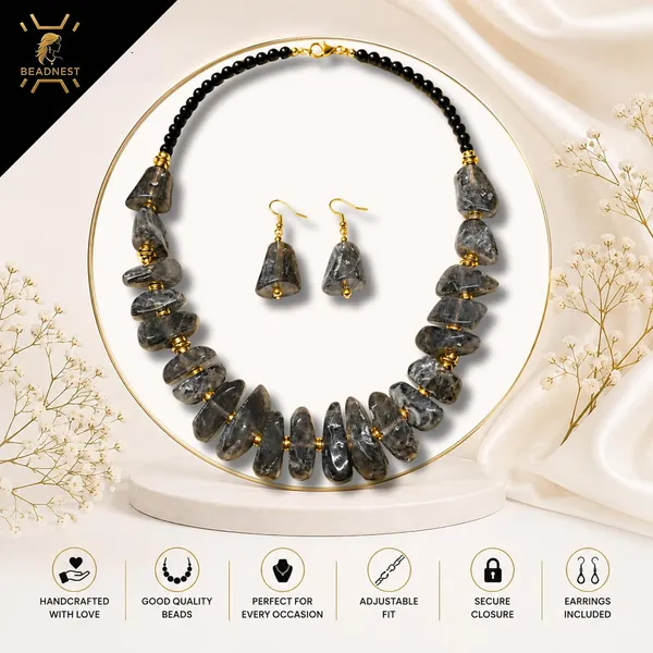 Graduated_Nugget_Tumble_Bead_Necklace_Earrings_Set_For_Women_Boho_Tribal_Afghani_Style_Acrylic_Stone_Look_Statement_Jewellery_Amber_Black_Gold_Navratri_Diwali_Party_Gift