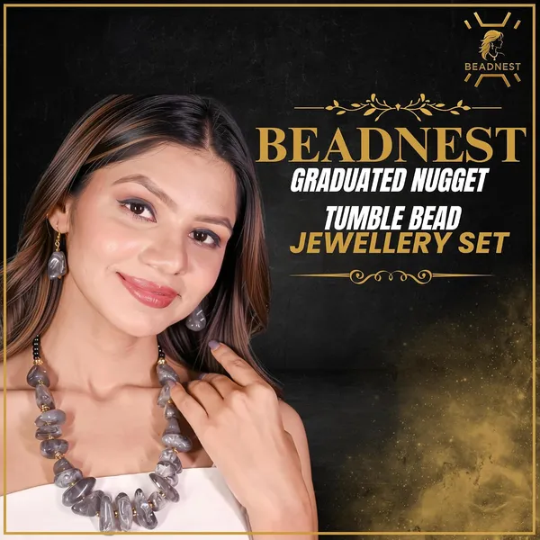 Graduated_Nugget_Tumble_Bead_Necklace_Earrings_Set_For_Women_Boho_Tribal_Afghani_Style_Acrylic_Stone_Look_Statement_Jewellery_Amber_Black_Gold_Navratri_Diwali_Party_Gift