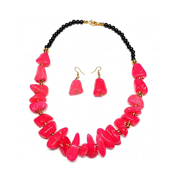 Graduated_Nugget_Tumble_Bead_Necklace_Earrings_Set_For_Women_Boho_Tribal_Afghani_Style_Acrylic_Stone_Look_Statement_Jewellery_Amber_Black_Gold_Navratri_Diwali_Party_Gift