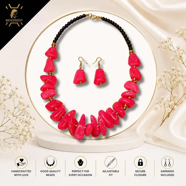 Graduated_Nugget_Tumble_Bead_Necklace_Earrings_Set_For_Women_Boho_Tribal_Afghani_Style_Acrylic_Stone_Look_Statement_Jewellery_Amber_Black_Gold_Navratri_Diwali_Party_Gift