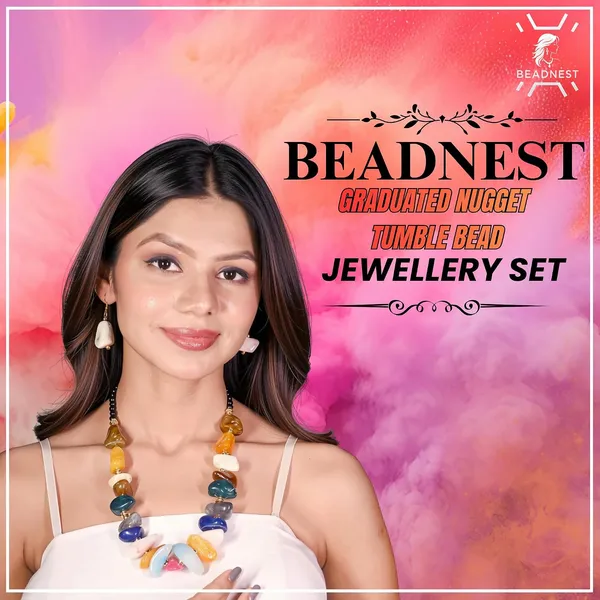 Graduated_Nugget_Tumble_Bead_Necklace_Earrings_Set_For_Women_Boho_Tribal_Afghani_Style_Acrylic_Stone_Look_Statement_Jewellery_Amber_Black_Gold_Navratri_Diwali_Party_Gift