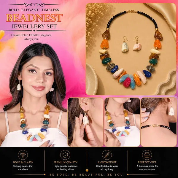 Graduated_Nugget_Tumble_Bead_Necklace_Earrings_Set_For_Women_Boho_Tribal_Afghani_Style_Acrylic_Stone_Look_Statement_Jewellery_Amber_Black_Gold_Navratri_Diwali_Party_Gift