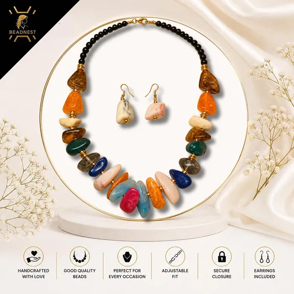 Graduated_Nugget_Tumble_Bead_Necklace_Earrings_Set_For_Women_Boho_Tribal_Afghani_Style_Acrylic_Stone_Look_Statement_Jewellery_Amber_Black_Gold_Navratri_Diwali_Party_Gift