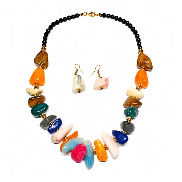 Graduated_Nugget_Tumble_Bead_Necklace_Earrings_Set_For_Women_Boho_Tribal_Afghani_Style_Acrylic_Stone_Look_Statement_Jewellery_Amber_Black_Gold_Navratri_Diwali_Party_Gift