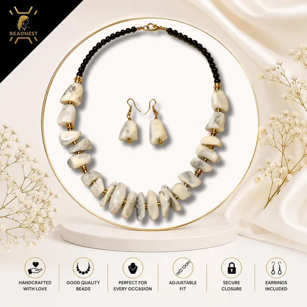 Graduated_Nugget_Tumble_Bead_Necklace_Earrings_Set_For_Women_Boho_Tribal_Afghani_Style_Acrylic_Stone_Look_Statement_Jewellery_Amber_Black_Gold_Navratri_Diwali_Party_Gift