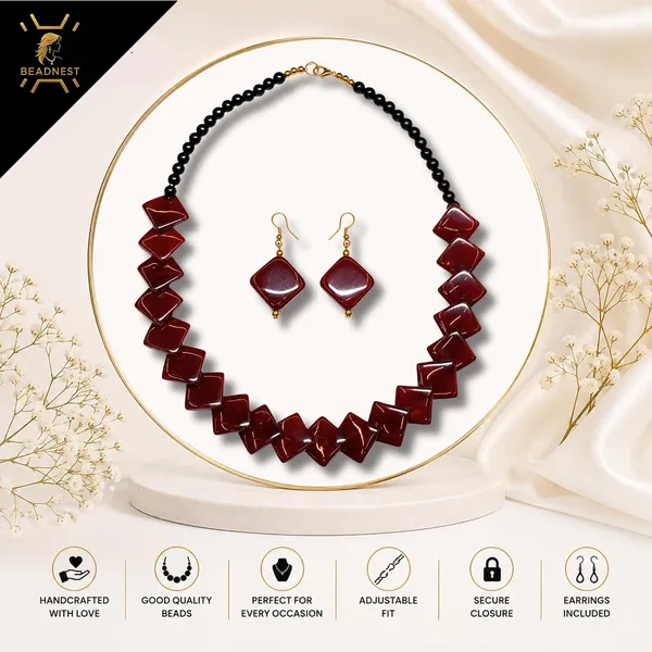 Zigzag_Kite_Bead_Necklace_Earrings_Set_For_Women_Hot_Pink_Boho_Tribal_Geometric_Statement_Jewellery_Acrylic_Stone_Look_Beads_Navratri_Diwali_Party_Gift