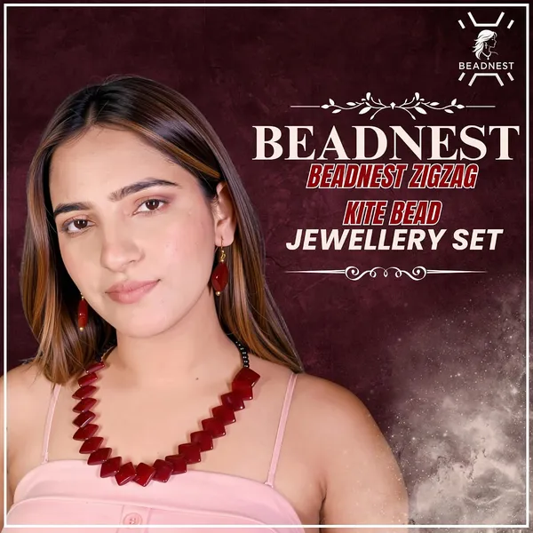 Zigzag_Kite_Bead_Necklace_Earrings_Set_For_Women_Hot_Pink_Boho_Tribal_Geometric_Statement_Jewellery_Acrylic_Stone_Look_Beads_Navratri_Diwali_Party_Gift