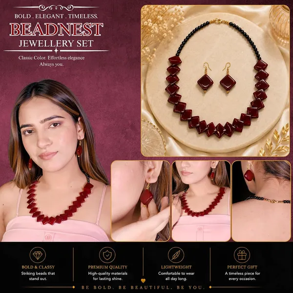 Zigzag_Kite_Bead_Necklace_Earrings_Set_For_Women_Hot_Pink_Boho_Tribal_Geometric_Statement_Jewellery_Acrylic_Stone_Look_Beads_Navratri_Diwali_Party_Gift