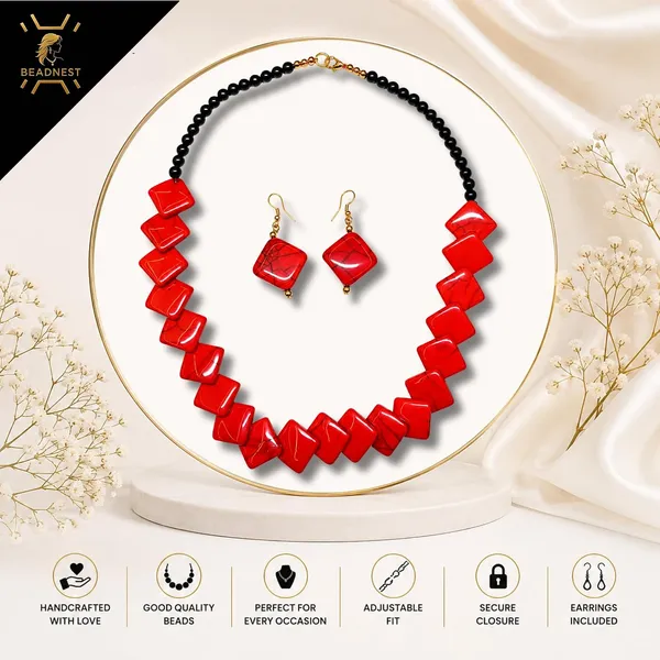 Zigzag_Kite_Bead_Necklace_Earrings_Set_For_Women_Hot_Pink_Boho_Tribal_Geometric_Statement_Jewellery_Acrylic_Stone_Look_Beads_Navratri_Diwali_Party_Gift
