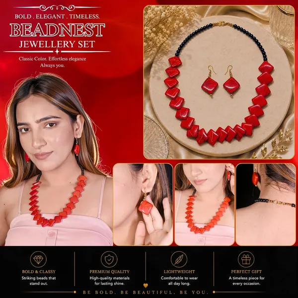 Zigzag_Kite_Bead_Necklace_Earrings_Set_For_Women_Hot_Pink_Boho_Tribal_Geometric_Statement_Jewellery_Acrylic_Stone_Look_Beads_Navratri_Diwali_Party_Gift
