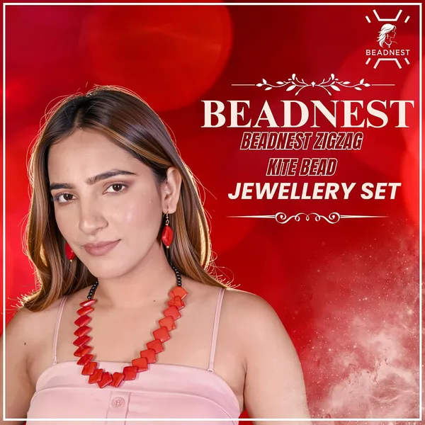 Zigzag_Kite_Bead_Necklace_Earrings_Set_For_Women_Hot_Pink_Boho_Tribal_Geometric_Statement_Jewellery_Acrylic_Stone_Look_Beads_Navratri_Diwali_Party_Gift