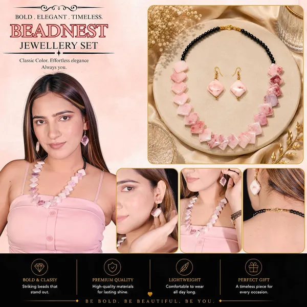 Zigzag_Kite_Bead_Necklace_Earrings_Set_For_Women_Hot_Pink_Boho_Tribal_Geometric_Statement_Jewellery_Acrylic_Stone_Look_Beads_Navratri_Diwali_Party_Gift
